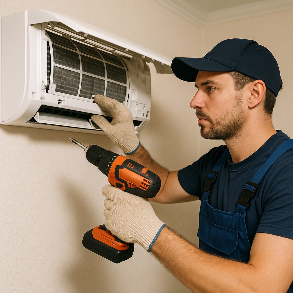 ac repair, ac service, ac installation. Expert AC Technician is installation indoor unit of split AC.