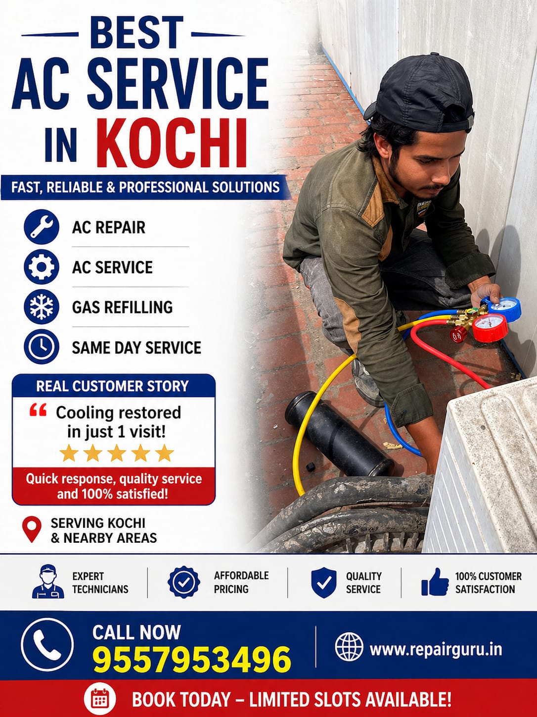 Technician providing AC service and gas refilling in Kochi for fast and reliable cooling repair