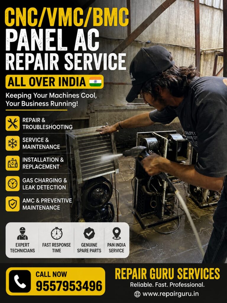 Technician cleaning CNC/VMC/BMC panel air conditioner units with water spray during industrial AC repair service in a workshop setting, showcasing maintenance and cooling system servicing.