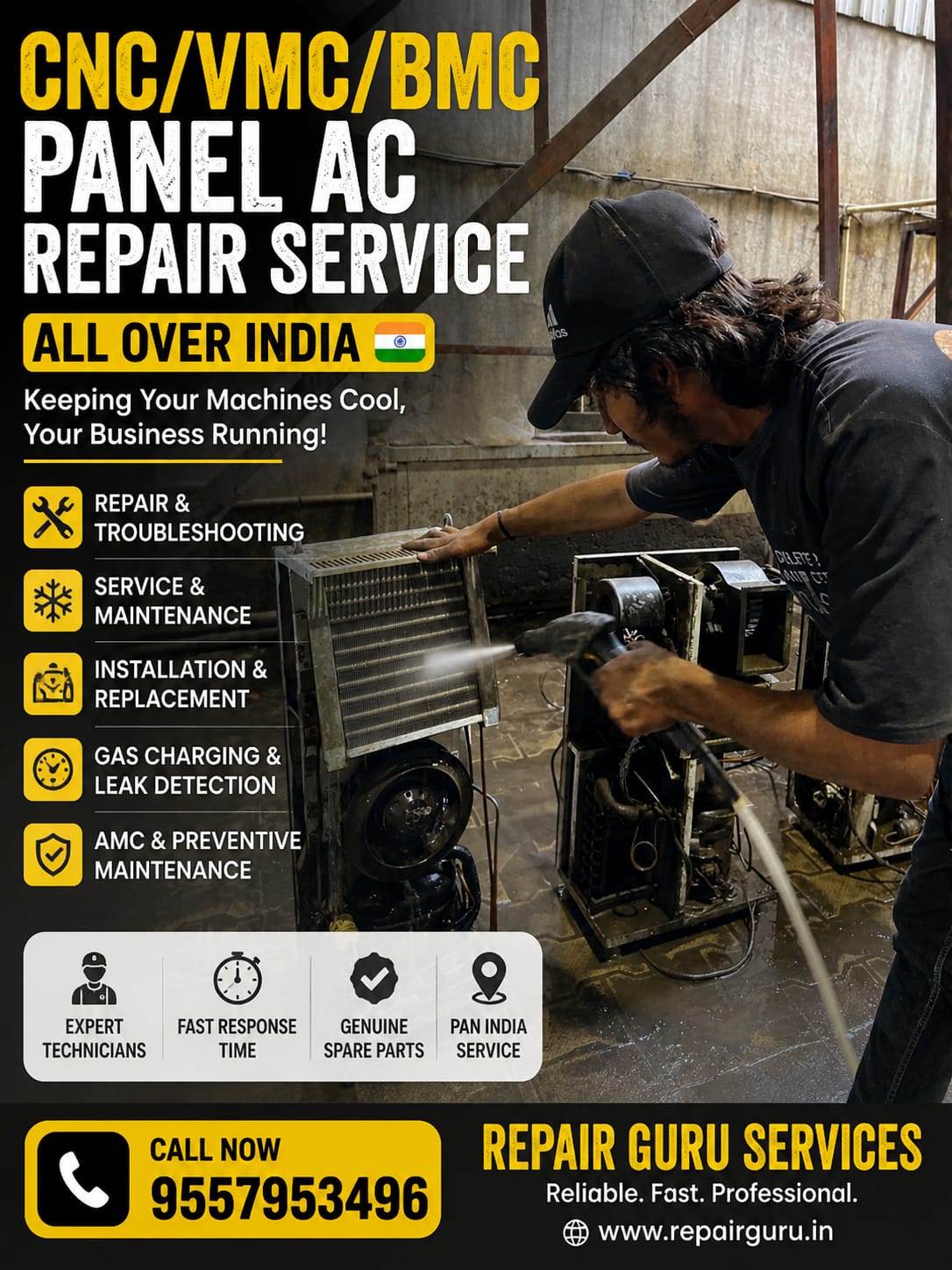 Technician repairing CNC panel AC unit in industrial machine for cooling maintenance