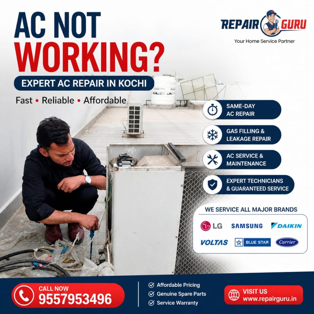 AC technician repairing outdoor air conditioner unit on rooftop in Kochi, Kerala – expert AC repair, gas filling, and maintenance service.