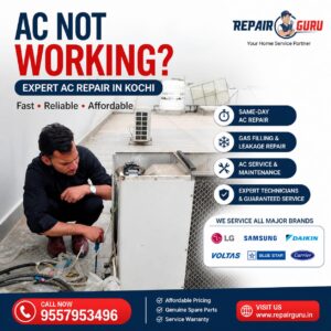 AC technician repairing outdoor air conditioner unit on rooftop in Kochi, Kerala – expert AC repair, gas filling, and maintenance service.